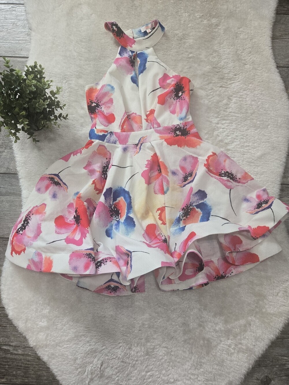 LUXXEL White Colorful Floral Halter Fit-and-Flare Skater Mini-Dress, M